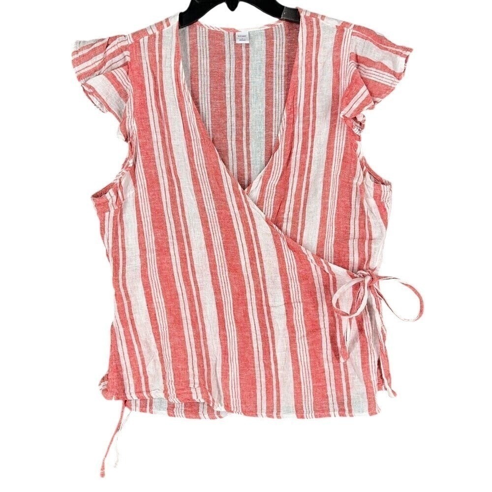 Old Navy Wrap Top Womens L Red White Stripe Ruffle Sleeve Linen Blend Summer